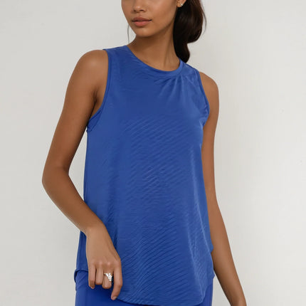 Sheer Striped Mesh Active Tank with Cut-Out Back Blue