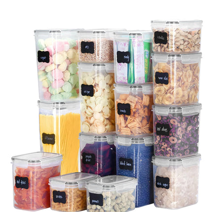42pcs Sealed food storage containers with LIDS plastic kitchen pantry, dry cargo jars of lactose, grain, flour, sugar, labeled,
