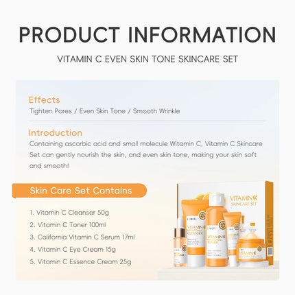 LAIKOU VITAMIN C Skincare Set Brightening 5Pcs Kit Even Skin Tone Smooth Wrinkle Tighten Pores Cleanser Toner Serum Eye Cream