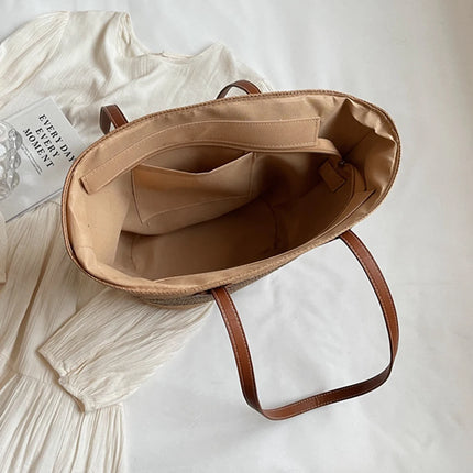 Women Fashion Tote Bag with Zipper Stripe Woven Summer Daily Bag Large Capacity Handmade Bag for Shopping Work Beach Bag