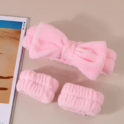 Spa Headband and Wrist Towels for Face Washing Set Elastic Bow Headbands with Highly Absorbent Wristbands for Shower Skincare