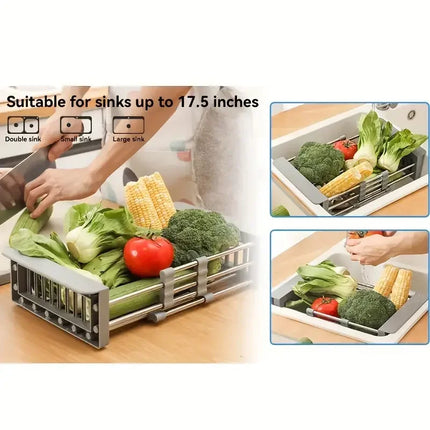 Expandable Stainless Steel Sink Drain Basket,Collapsible Kitchen Dish Drying Rack with Draining Filter Grid,Sink Organizer Tray