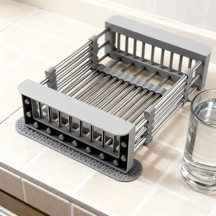 Expandable Stainless Steel Sink Drain Basket,Collapsible Kitchen Dish Drying Rack with Draining Filter Grid,Sink Organizer Tray