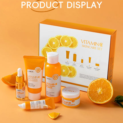 LAIKOU VITAMIN C Skincare Set Brightening 5Pcs Kit Even Skin Tone Smooth Wrinkle Tighten Pores Cleanser Toner Serum Eye Cream