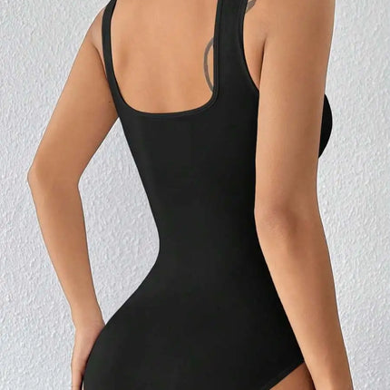 Black Solid Wide Strap Stretch Bodysuit for Women