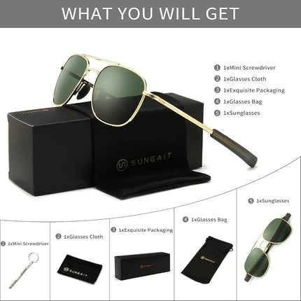 Men's Military Style Polarized Aviator Sunglasses with Bayonet Temples for Outdoor Activities