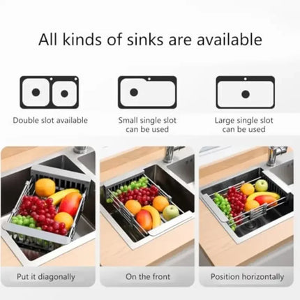 Expandable Stainless Steel Sink Drain Basket,Collapsible Kitchen Dish Drying Rack with Draining Filter Grid,Sink Organizer Tray