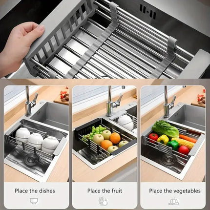 Expandable Stainless Steel Sink Drain Basket,Collapsible Kitchen Dish Drying Rack with Draining Filter Grid,Sink Organizer Tray