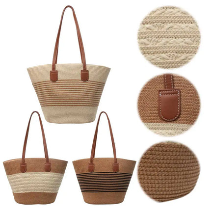 Women Fashion Tote Bag with Zipper Stripe Woven Summer Daily Bag Large Capacity Handmade Bag for Shopping Work Beach Bag