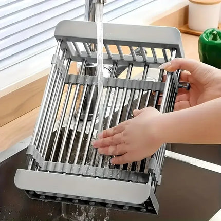 Expandable Stainless Steel Sink Drain Basket,Collapsible Kitchen Dish Drying Rack with Draining Filter Grid,Sink Organizer Tray