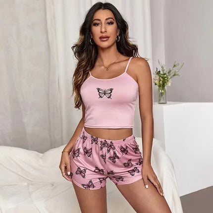 Two Piece Summer Camisole Sexy Pajama Set Women's Printed Butterfly Sleeveless Top Elastic Waist Shorts Casual Sexy Home Pajamas