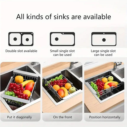 Expandable Stainless Steel Sink Drain Basket,Collapsible Kitchen Dish Drying Rack with Draining Filter Grid,Sink Organizer Tray