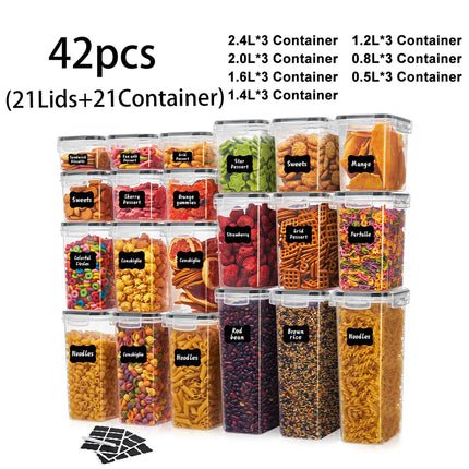 42pcs Sealed food storage containers with LIDS plastic kitchen pantry, dry cargo jars of lactose, grain, flour, sugar, labeled,