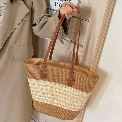 Women Fashion Tote Bag with Zipper Stripe Woven Summer Daily Bag Large Capacity Handmade Bag for Shopping Work Beach Bag