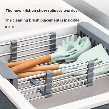 Expandable Stainless Steel Sink Drain Basket,Collapsible Kitchen Dish Drying Rack with Draining Filter Grid,Sink Organizer Tray