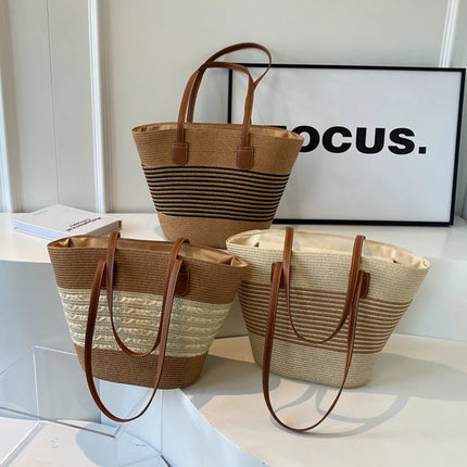 Women Fashion Tote Bag with Zipper Stripe Woven Summer Daily Bag Large Capacity Handmade Bag for Shopping Work Beach Bag