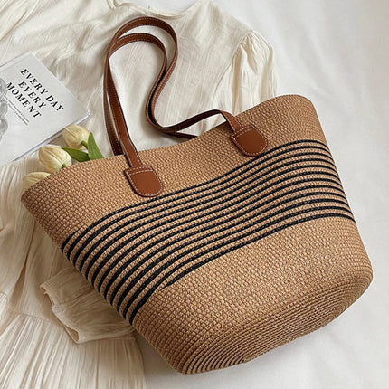 Women Fashion Tote Bag with Zipper Stripe Woven Summer Daily Bag Large Capacity Handmade Bag for Shopping Work Beach Bag