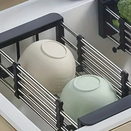Expandable Stainless Steel Sink Drain Basket,Collapsible Kitchen Dish Drying Rack with Draining Filter Grid,Sink Organizer Tray