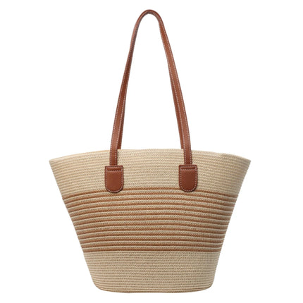 Women Fashion Tote Bag with Zipper Stripe Woven Summer Daily Bag Large Capacity Handmade Bag for Shopping Work Beach Bag