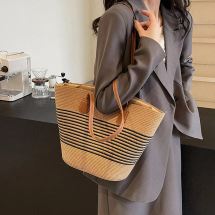 Women Fashion Tote Bag with Zipper Stripe Woven Summer Daily Bag Large Capacity Handmade Bag for Shopping Work Beach Bag