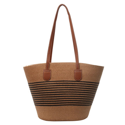 Women Fashion Tote Bag with Zipper Stripe Woven Summer Daily Bag Large Capacity Handmade Bag for Shopping Work Beach Bag