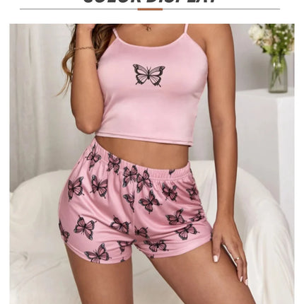 Two Pieces Summer Sexy Pajamas Butterfly Print Cami Pajamas Set Fashion Sexy Home Ladies Underwear Vest Shorts Pijamas
