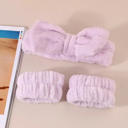 Spa Headband and Wrist Towels for Face Washing Set Elastic Bow Headbands with Highly Absorbent Wristbands for Shower Skincare