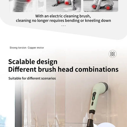 9-in-1 Electric Rotating Cleaning Brush, Wireless Shower Scrubber with Replaceable Heads and Adjustable Telescopic Handle