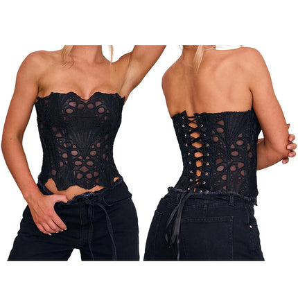 Sexy Lace-Up Backless Bandeau Top with Irregular Cutout Detail and Off-Shoulder Design for Trendy Street Style