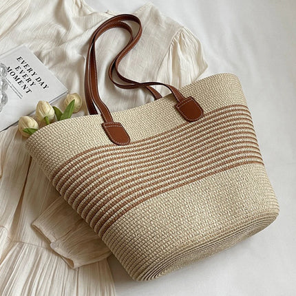 Women Fashion Tote Bag with Zipper Stripe Woven Summer Daily Bag Large Capacity Handmade Bag for Shopping Work Beach Bag