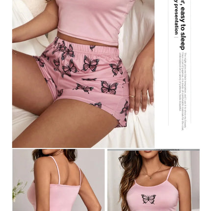 Two Pieces Summer Sexy Pajamas Butterfly Print Cami Pajamas Set Fashion Sexy Home Ladies Underwear Vest Shorts Pijamas