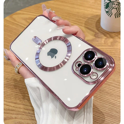 For Magsafe Fashion Plating Lens Protector Case For iPhone 11 12 13 14 15 Pro Max Plus Silicone Wireless Magnetic Charging Cover